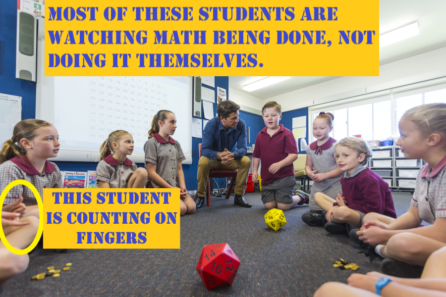 Students and teacher playing multiplication games with dice sitting in a circle in a classroom